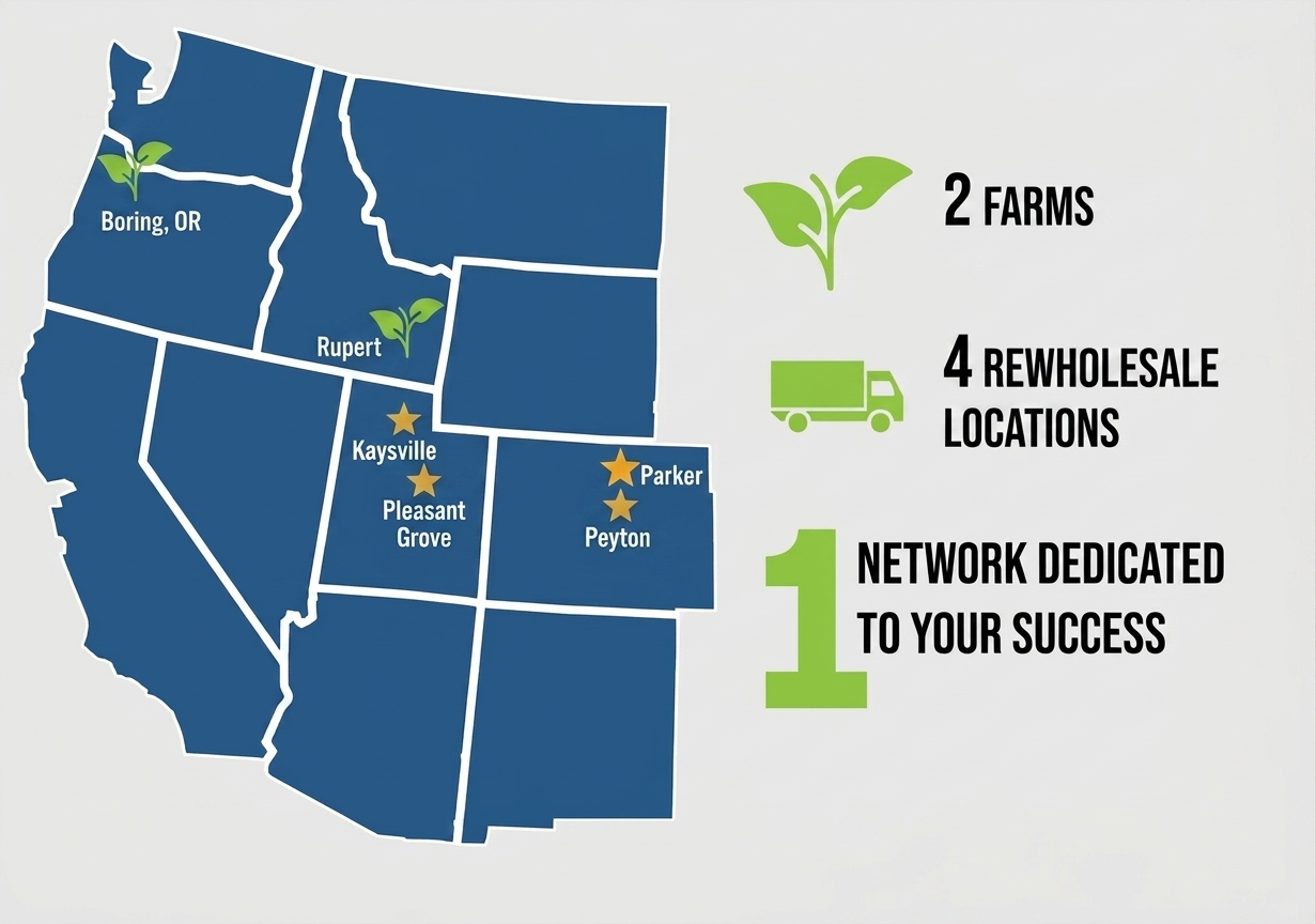 Tree Source across the Intermountain West: 2 farms in Boring, OR and Rupert, ID; 4 rewholesale locations in Kaysville and Pleasant Grove, UT and Parker and Peyton, CO; and 1 network dedicated to your success.